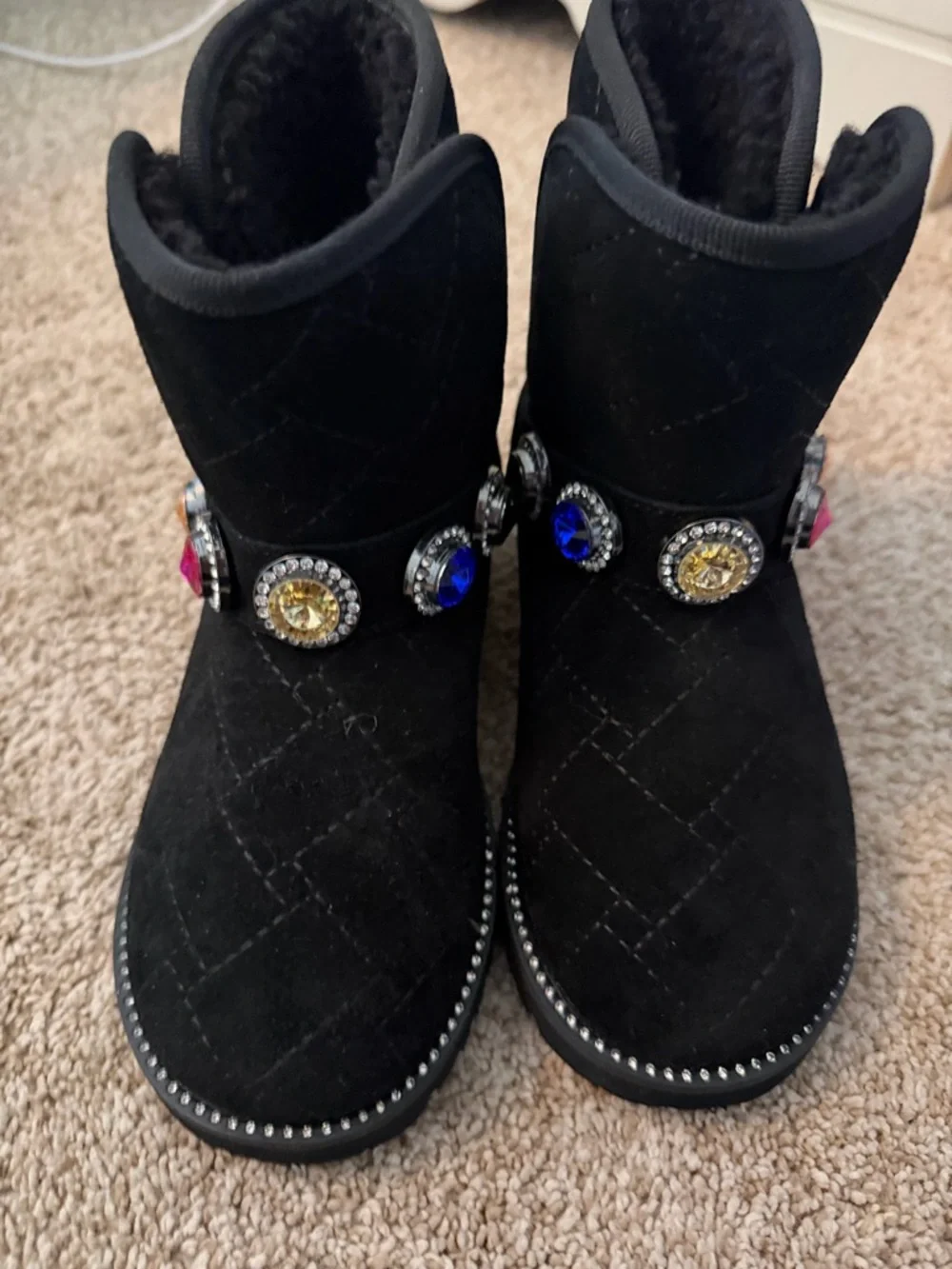 Girls Black Quilted Winter Boots with Gem Embellishments